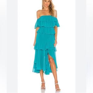 MISA Los Angeles Dalila Dress in Turquoise Teal Off Shoulder Ruffle Midi XS